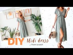 a woman is wearing a dress and holding a basket in front of her, with the caption diy midi dress from scratch