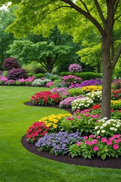 a lush green lawn with colorful flowers and trees