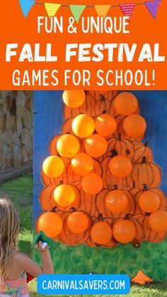 image shows girl throwing bean bag at fall festival game for school by Carnival Savers Fall Festival Ideas, Fall Carnival Games, Fall Festival Crafts, Balloon Pop Game, Games For School, School Fall Festival