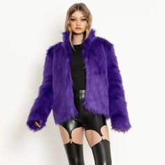 Used Once, Smoke-Free Home. Live Out All Your Eccentric-Worldly-Aunt Dreams In This Totally Ott Faux Fur Jacket. It’s Radically Purple, It’s Cropped, And It Looks Amazing With Just About Everything You Throw It Over. Leggings? Yep. Dresses? For Sure. Undies? Most Definitely. Made From An Utterly Fabulous Faux Fur Short, Boxy Cut This Jacket Has A Printed Hauntingly Cute Lining! Stand Collar Front Hook And Bar Closures Composition: Main: 100% Polyester, Lining: 100% Polyester Washing: Dry Clean O Black Milk, Faux Fur Jacket, Fur Jacket, Stand Collar, Faux Fur, Jackets & Coats, Jackets For Women, Leggings, Collar