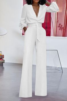 Plain Lace-Up Full Length Fashion Loose Women's Jumpsuit Elegante Jumpsuits, Ținute Business Casual, Chique Outfits, Jumpsuit Elegant, Woman Suit Fashion, Ținută Casual, Modieuze Outfits, Elegantes Outfit, Looks Chic