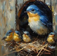 three little birds are sitting in the nest with their mother's babies on it