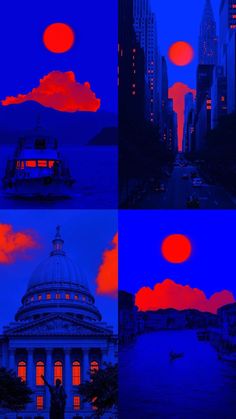 four different images of the same building at different times of day and night, with red clouds in the sky