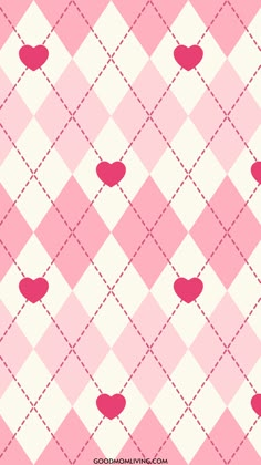 a pink and white checkered pattern with hearts