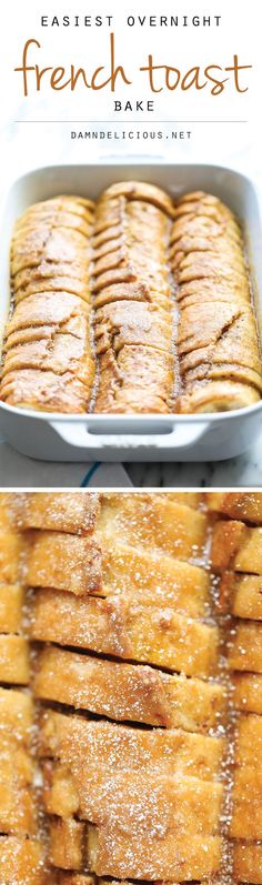 french toast in a pan with powdered sugar on top and the words, easy overnight french toast