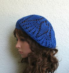 Women's Crochet Summer beret Summer hat Cobalt Blue Cotton beret hat Women Summer hat Women Slouchy Beret Tam Hat by VinettaFeltKnitShop on Etsy Crochet Scarf Tutorial, Crochet Cowl Free Pattern, Crochet Basket Pattern Free, Crochet Animal Amigurumi, Crochet Beret