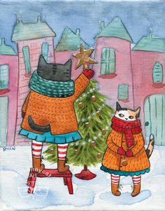 a painting of two cats standing next to a christmas tree