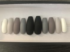 Gray tones matte press on nails. Complete with application kit. Available in various sizes, shapes, and lengths. Grey Matte Nails, Pico Rivera, Soft Gel Nails, Sweater Nails, Glitter Gel Nails, Gray Nails, Gray Tones, Hand Fans, Acrylic Nails Coffin Short