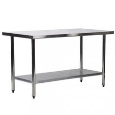 a stainless steel table with one shelf on the bottom and two legs, all in different sizes