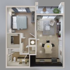 an overhead view of a two bedroom, one bath apartment with living room and kitchen