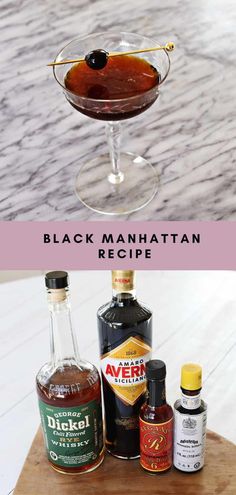 black manhattan recipe in a martini glass on a cutting board