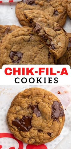 chocolate chip cookies are stacked on top of each other with the words, chickfla cookies