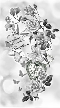 a clock surrounded by flowers and butterflies on a white background with the words i love you