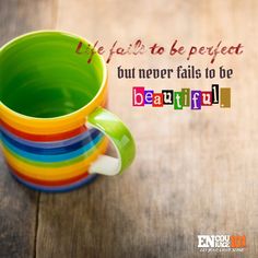 there is a colorful coffee cup with the words beautiful on it and an image of a stack of multicolored mugs