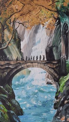 a painting of people walking across a bridge over a river