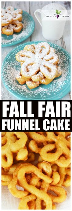 two plates with different types of food on them and the words fall fair funnel cake