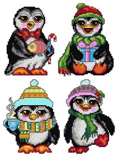 four different penguins with hats and scarfs