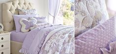 two pictures of the same bed with purple and white comforters, one has an elephant pillow on it