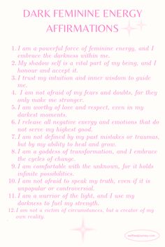 a poem written in pink ink with the words dark feminine energy affirmations on it