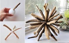 four different pictures showing the process of making an ornament out of driftwood