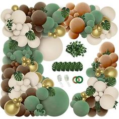 Package Including: 1 x Balloon Tying Tool 1 x Balloon Chain 1 x Balloon Glue Dot 1 x Grape Vine 6 x Monstera Leaves 11 x 5in Green Balloons 10 x 5in Skin Color Balloons 10 x 5in White Balloons 10 x 5in Dark Brown Balloons 10 x 5in Khaki Balloons 10 x 5in Metal Gold Balloons 10 x 10in Green Balloons 10 x 10in Skin Color Balloons 8 x 10in White Balloons 8 x 10in Dark Brown Balloons 8 x 10in Khaki Balloons 8 x 10in Metal Gold Balloons 4 x 12in Green Balloons 3 x 12in Skin Color Balloons 4 x 12in Da Wild One Balloon Garland, Brown Balloon Garland, Woodland Birthday Theme, Sage Party, Jungle Wedding Theme, Sage Green And Brown, Brown Balloons, Wild Baby Shower, Baby Shower Balloon Arch