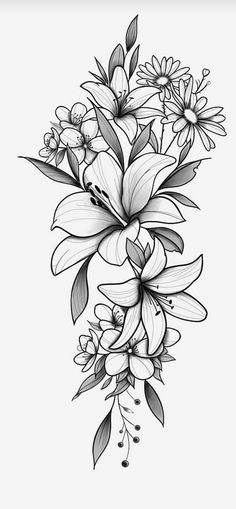 a black and white drawing of flowers with leaves on the bottom half of each flower