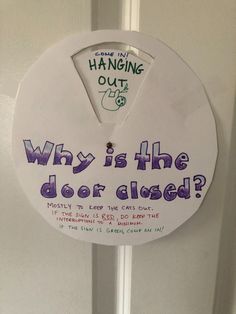 a sign that says hanging out why is the door closed? on a white door