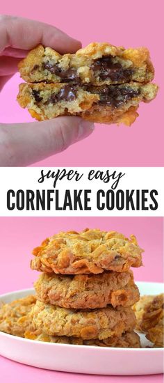 a person holding up some cookies in front of the camera and text that reads super easy cornflake cookies