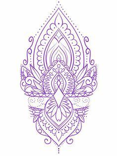 a purple and white drawing of a lotus flower on a white background with an intricate design