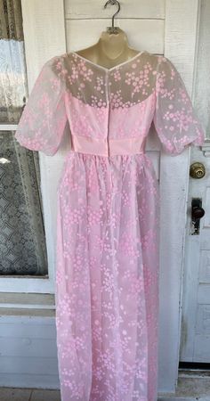 "Here for your consideration is a nice vintage 1960s flocked maxi dress. It is tagged size 9 but I would say more of a modern small. Here are the measurements with the dress flat and from one side. Shoulders 14\" Pit to pit 15\" Waist 12\" Length 54\". The only flaw I noticed is the elastic on the sleeve does not have any stretch in them. There are no stains or holes. Free shipping to the USa only." Retro Fitted Sheer Dresses, Vintage Sheer Maxi Dress, Mid-century Vintage Dress For Party, Multi Strand Beaded Necklace, Black White Outfit, Dress Flats, Say More, Shop Maxi Dresses, White Outfits