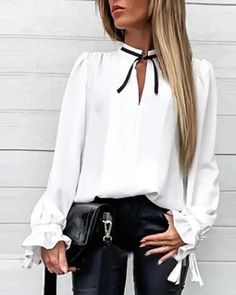 Lasaky - Shirt with tie collar and puff sleeves Leggings Work Outfit, Tie Neck Shirt, Shirt With Tie, Collard Shirt, Slim Blouse, Office Chic, Tie Collar, Elegant Casual, Solid Color Shirt