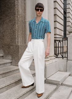 Off-White High Waisted Linen Side Buckle Flare Trousers White Trousers Men, Tailored White Linen Bottoms, Trousers Details Man, Mens White Trousers, Trousers Details Menswear, Cuban Shirt, White Linen Trousers, Trousers Men, Cuban Shirts