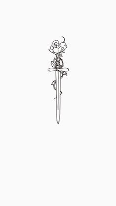 a black and white drawing of a knife with flowers on it's end, against a plain background