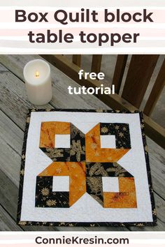 the box quilt block table topper is shown with text overlay that says free pattern