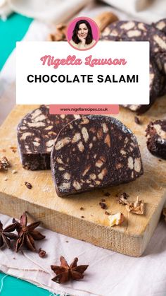 chocolate salami on a cutting board with star anise