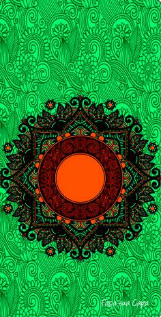 an orange circle surrounded by green and black swirls on a green background with leaves