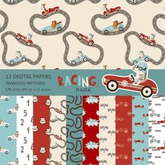 digital paper pack featuring racing cars and race track designs in red, white, blue, and green