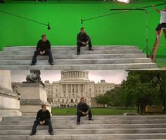 three men sitting on steps in front of the capitol building with green screen behind them