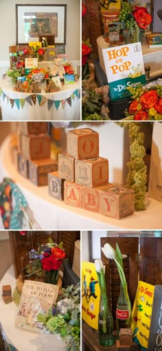 several pictures of various items on display at a baby's first birthday party, including blocks and flowers