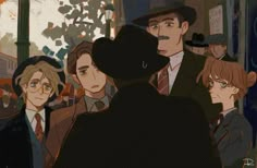 an animated image of people standing in front of a man with a top hat on