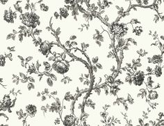 a black and white floral wallpaper with leaves, flowers and branches on the background