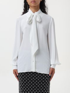 Find PINKO Shirt on Editorialist. Shirt PINKO Woman color White Elegant Fall Tops With Spread Collar, Elegant Spread Collar Tops For Fall, Designer Long Sleeve Office Shirt, Luxury Long Sleeve Tops For Spring, Designer Long Sleeve Shirt For Office, Designer Silk Tops For Work, White Fitted Silk Shirt, Fitted White Silk Shirt, Luxury White Long Sleeve Tops