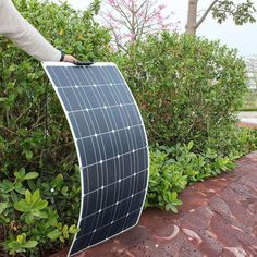 a person holding a solar panel on top of a brick walkway next to shrubbery