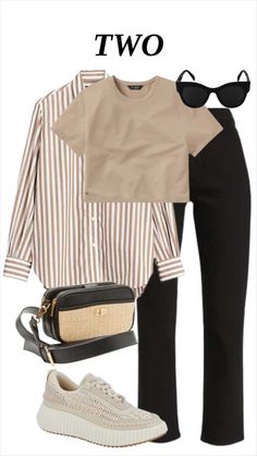 Brown Striped Button Up Outfit, Tan Striped Button Down Shirt Outfit, Beige T Shirt Outfit Womens Fashion, Tan And White Striped Shirt Outfit, Tan Striped Shirt Outfit, Brown And White Striped Shirt Outfit, Business Casual Outfits Summer 2024, Work Tshirt Outfits Women, Stripped Tshirt Outfits Women