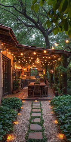 an outdoor patio with lights strung over it