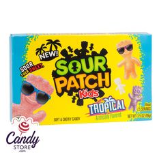 a box of sour patch kids tropical flavored gummy bears with sunglasses on top