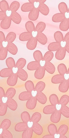 pink and white flowers with hearts in the middle on a pink, yellow and orange background