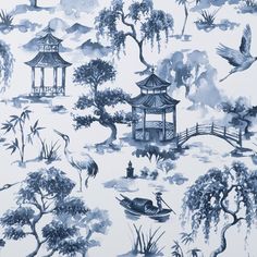 a blue and white wallpaper with pagodas, trees, and birds in the background