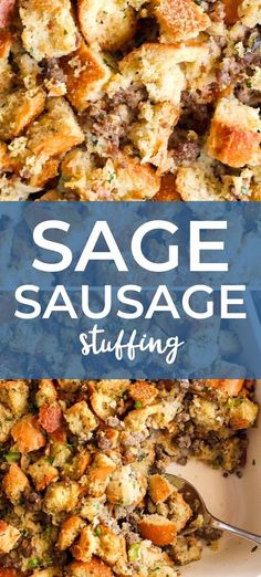 sausage stuffing in a casserole dish with the title overlay reading sage sausage stuffing