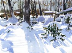 a painting of snow covered ground and trees